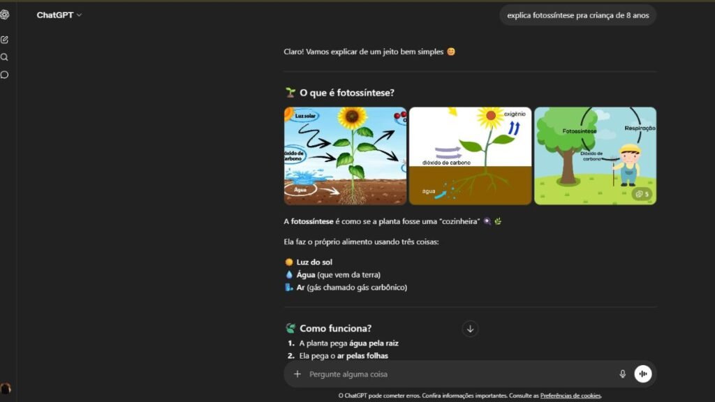Print do ChatGPT respondendo pergunta sobre fotossintese